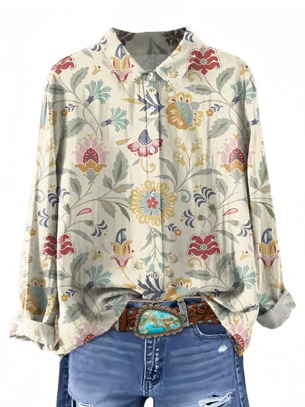 Camisa Boho Floral de Manga Larga para Mujer, Blusa Elegante para la Oficina, Top Chic y Casual, Tops...
