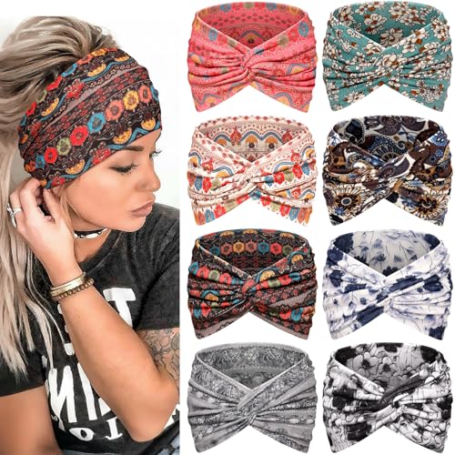 Awumbuk 8 Piezas Diadema Mujer - 7'' Ancho Extra Cinta Pelo El&aacute;stica Turbantes Multicolor Boho Bandana...